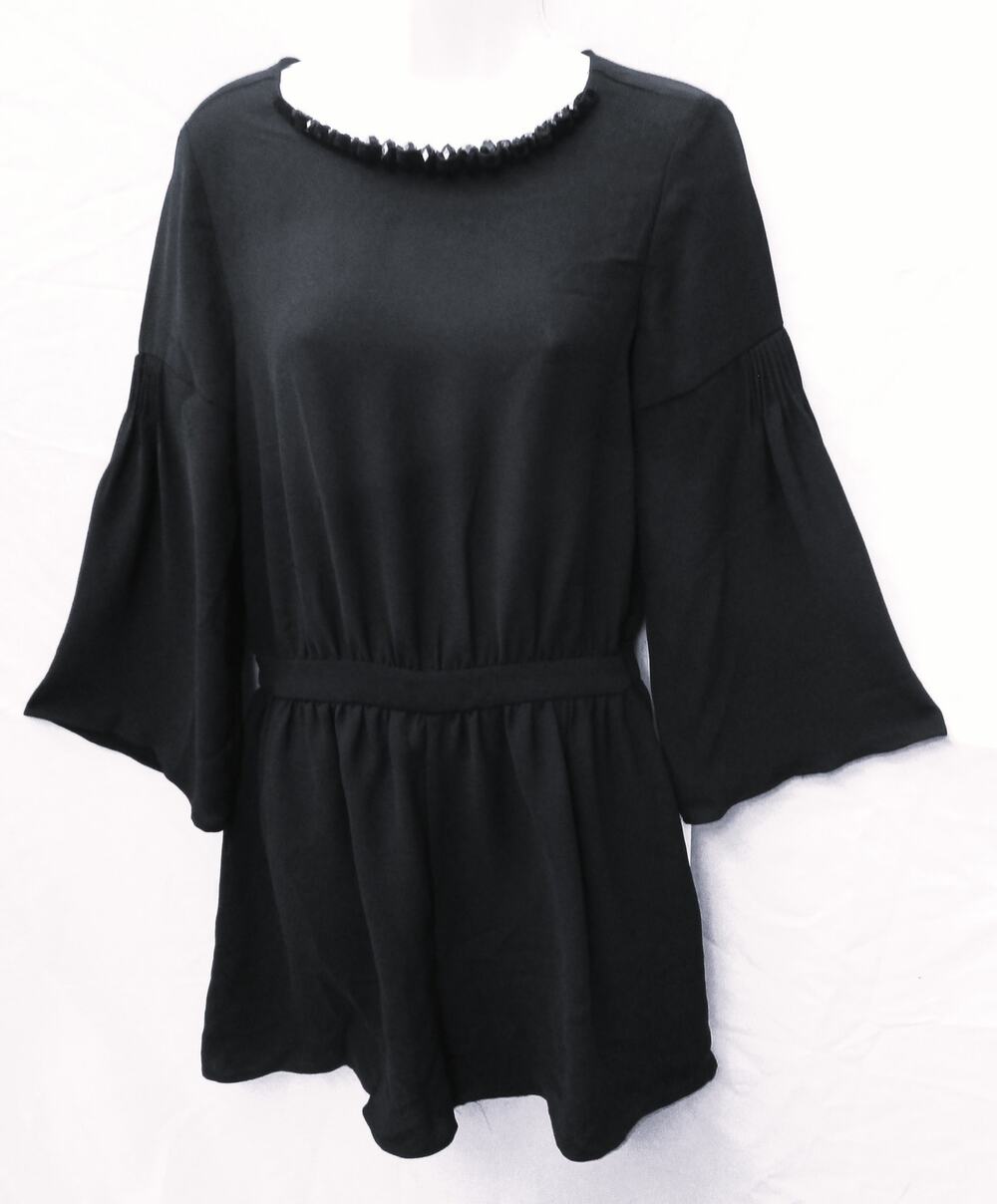 Nwt ZARA Black Stone Beaded Drop Waist 3/4 Sleeve Mini Romper Jumpsuit Sz M